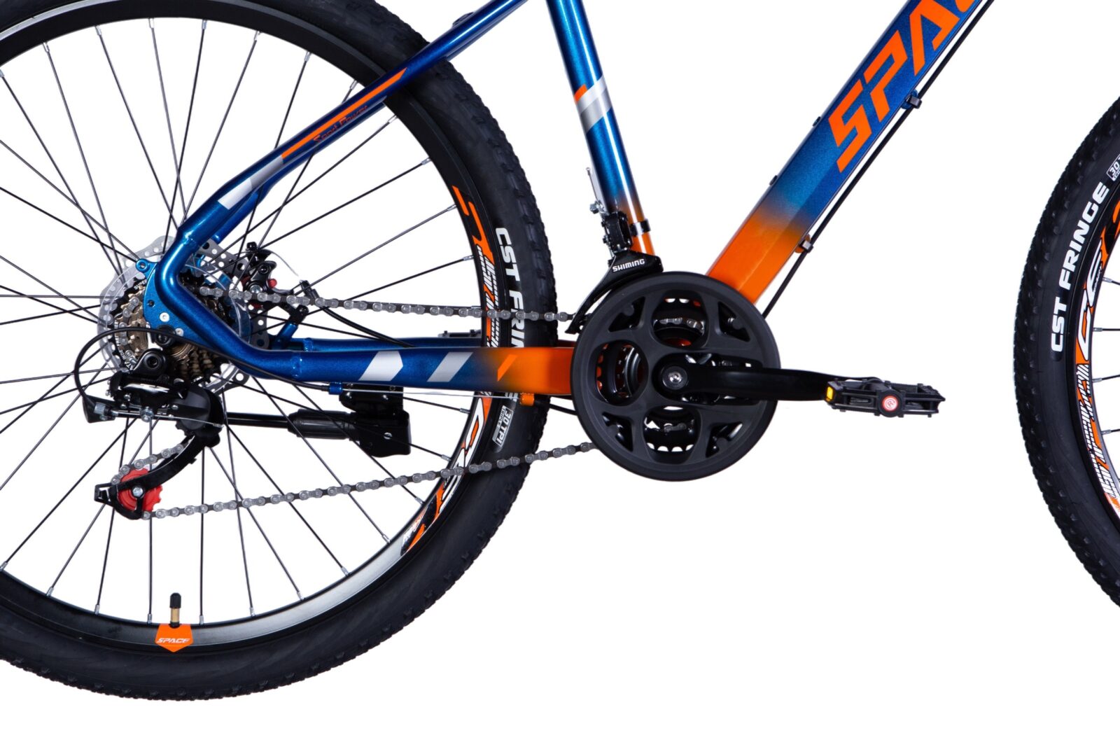 Kék és narancssárga mountain bike részletei
