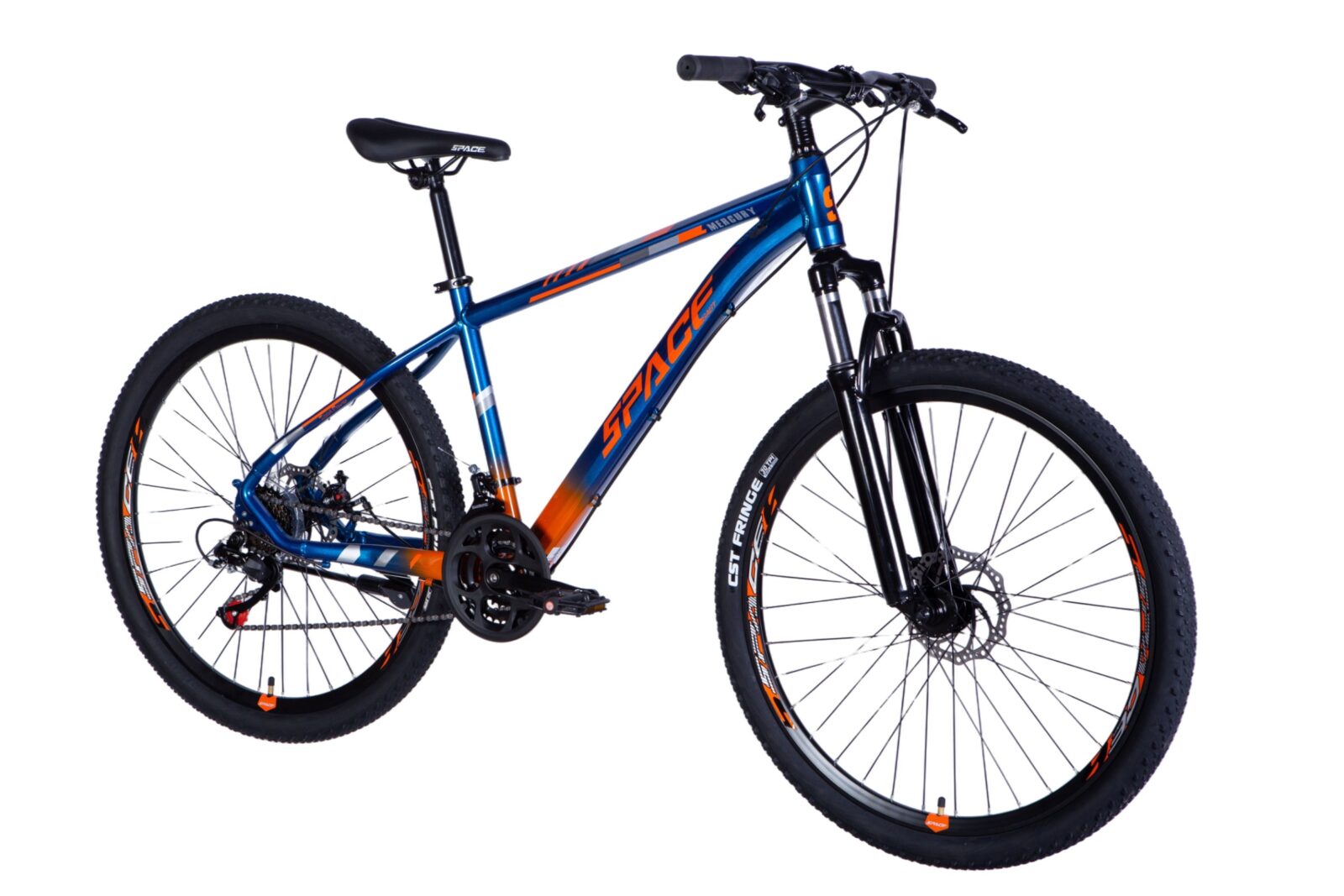 Kék és narancs mountain bike oldalnézete.