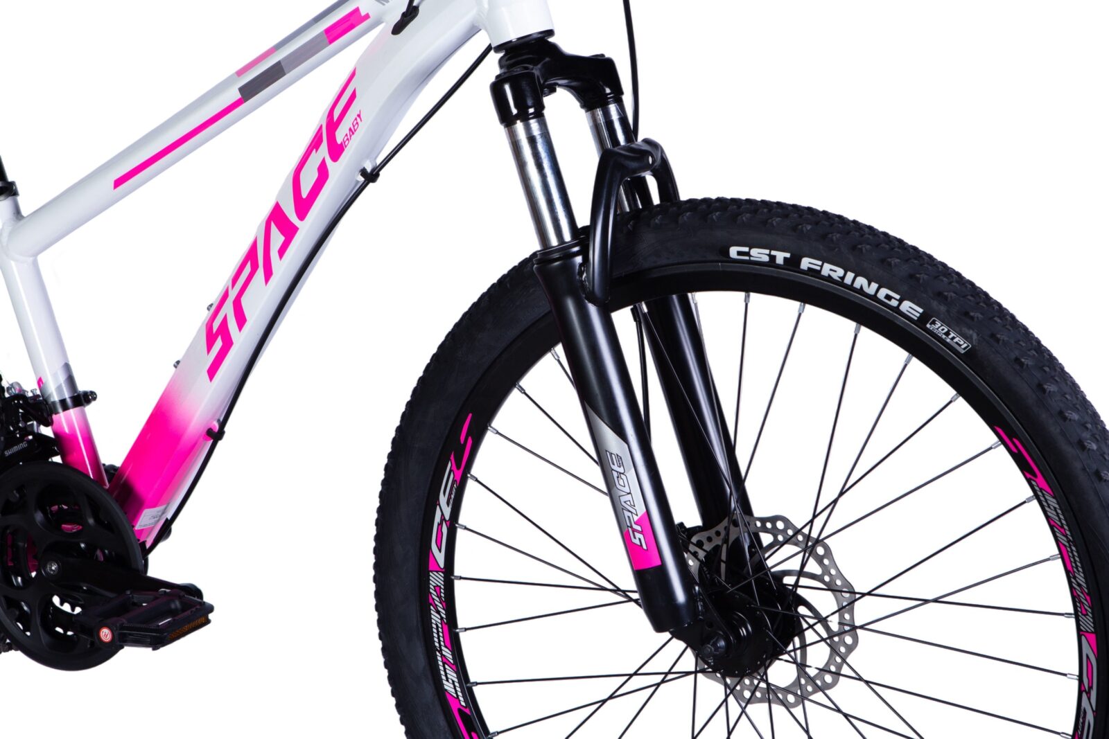 Fehér és rózsaszín mountain bike részlete