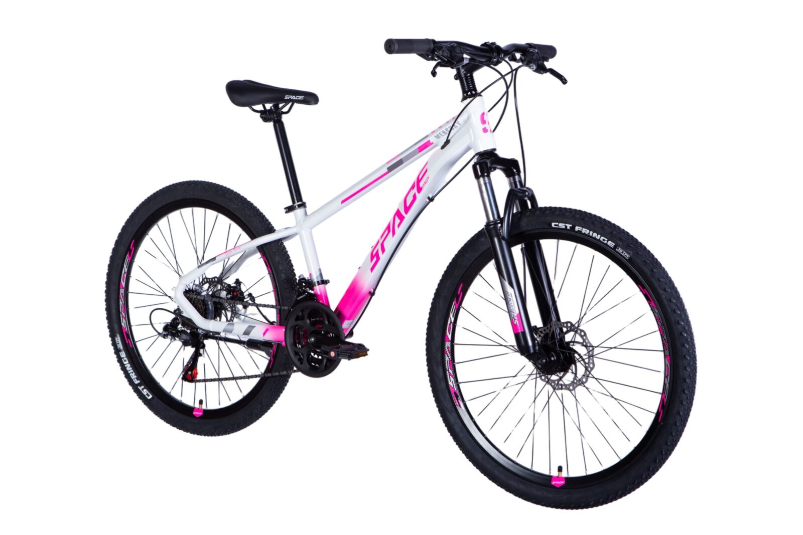 Fehér-pink mountain kerékpár oldalnézetben.