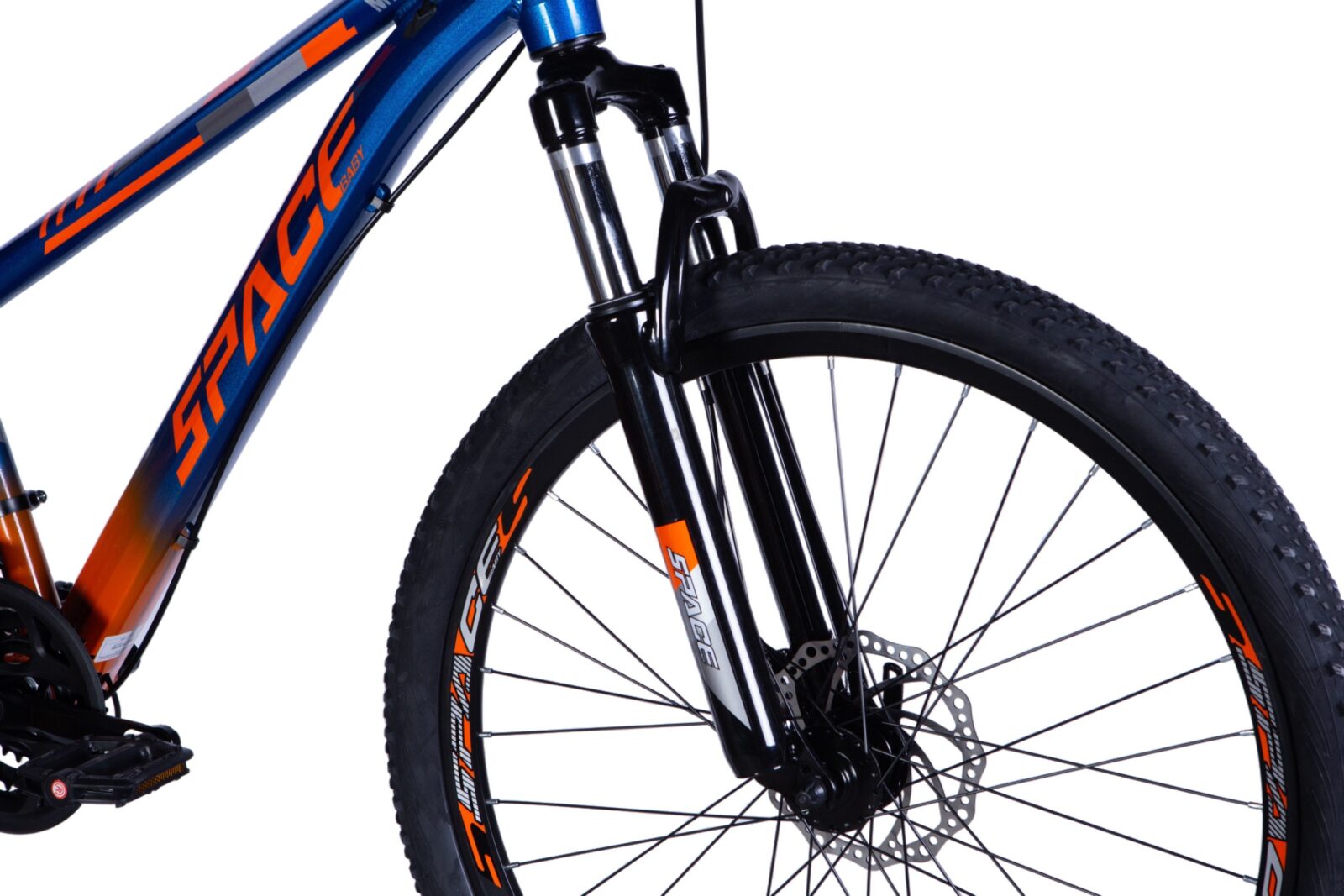 Kék és narancssárga mountain bike első felfüggesztése