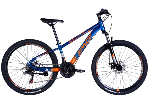 Kék és narancssárga mountain bike fékekkel.