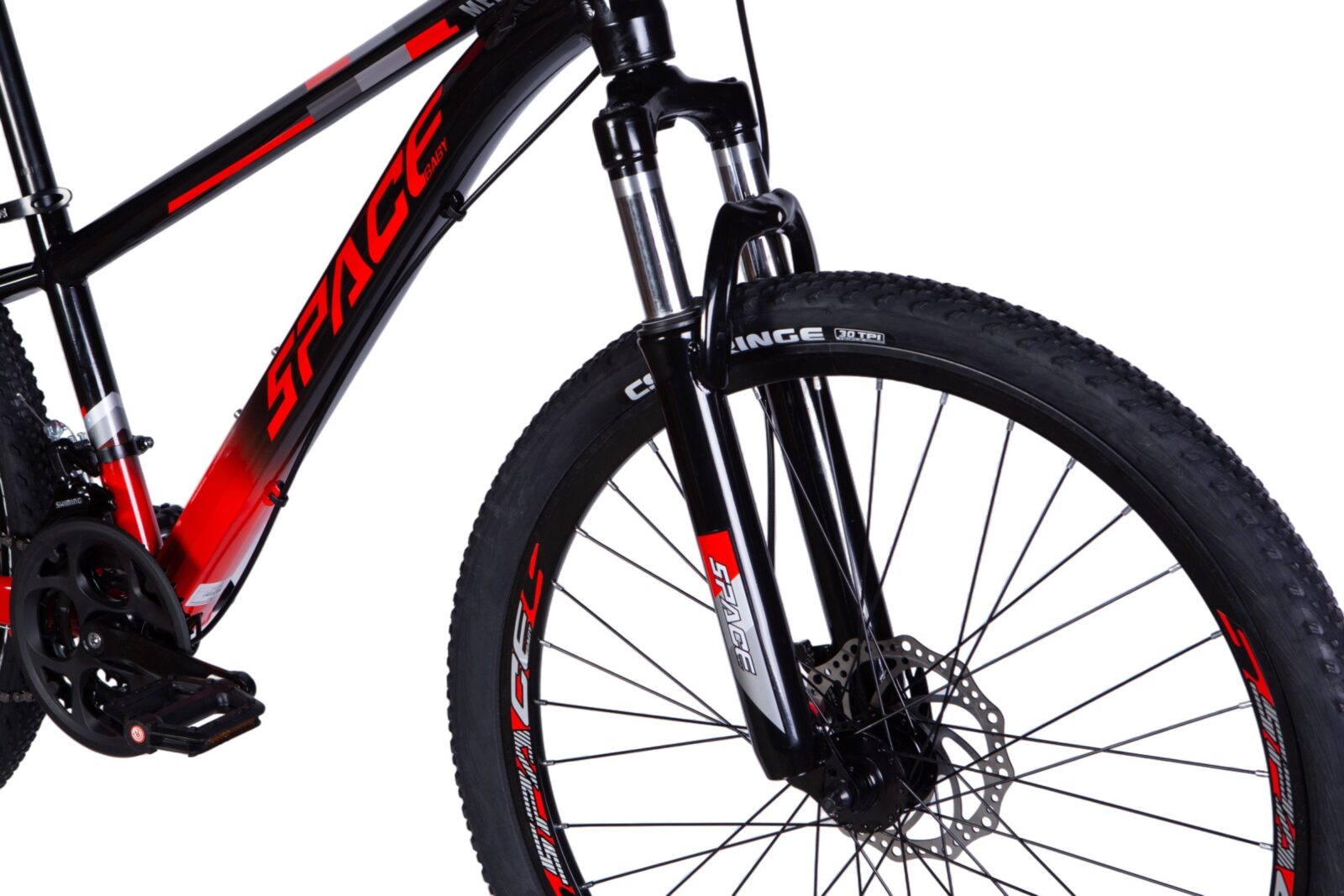 Fekete-piros mountain bike részletei