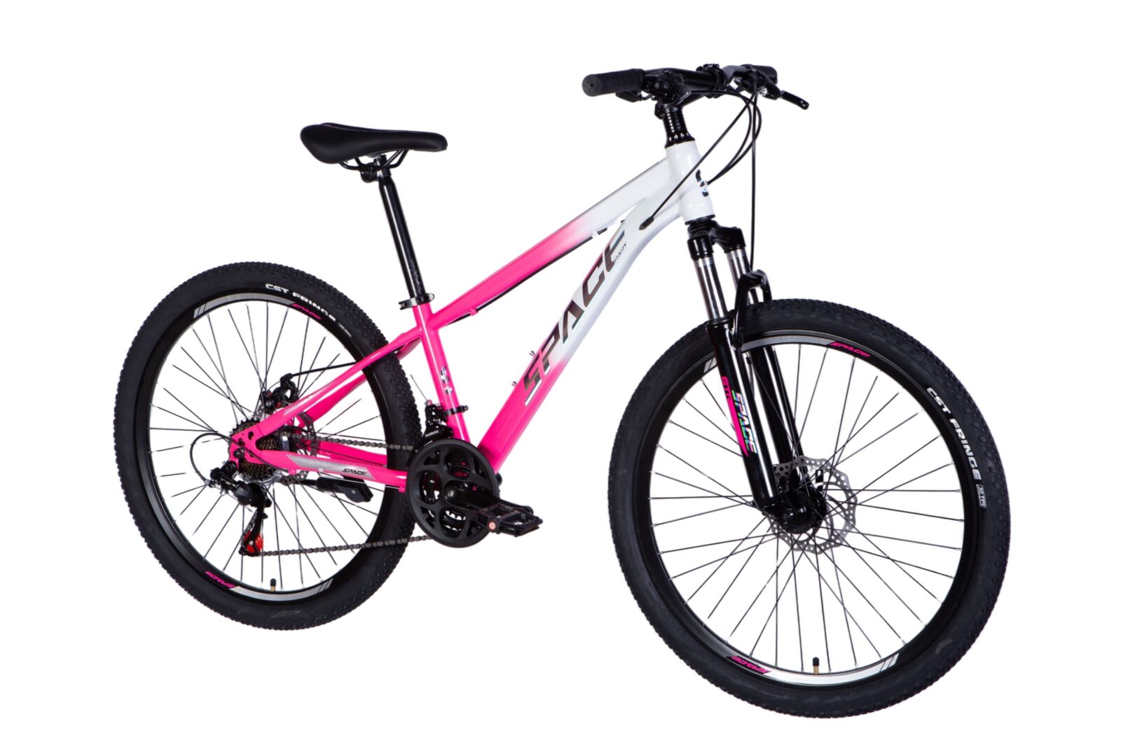 Rózsaszín és fehér mountain bike