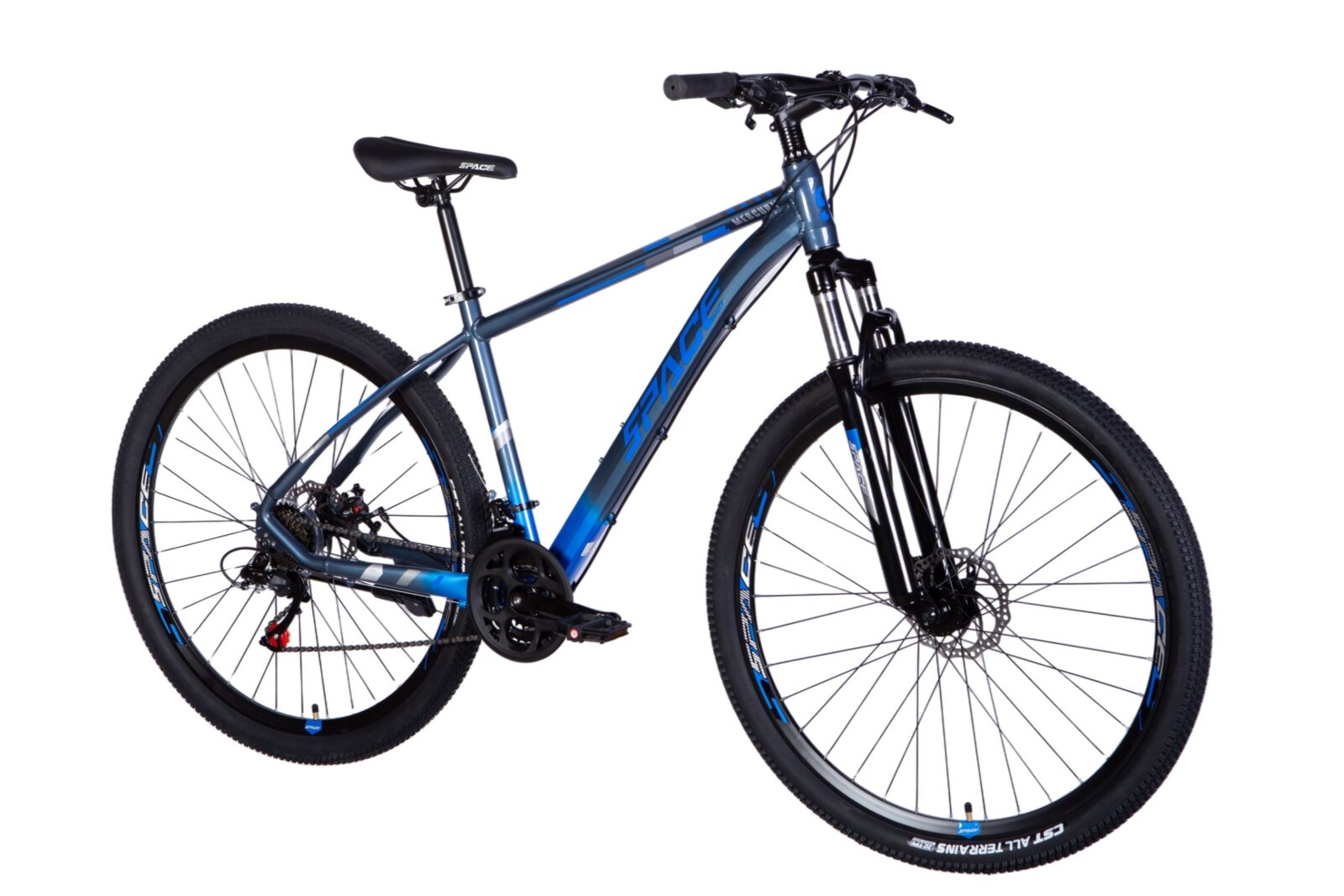 Kék mountain bike, felfüggesztéssel és széles kerekekkel