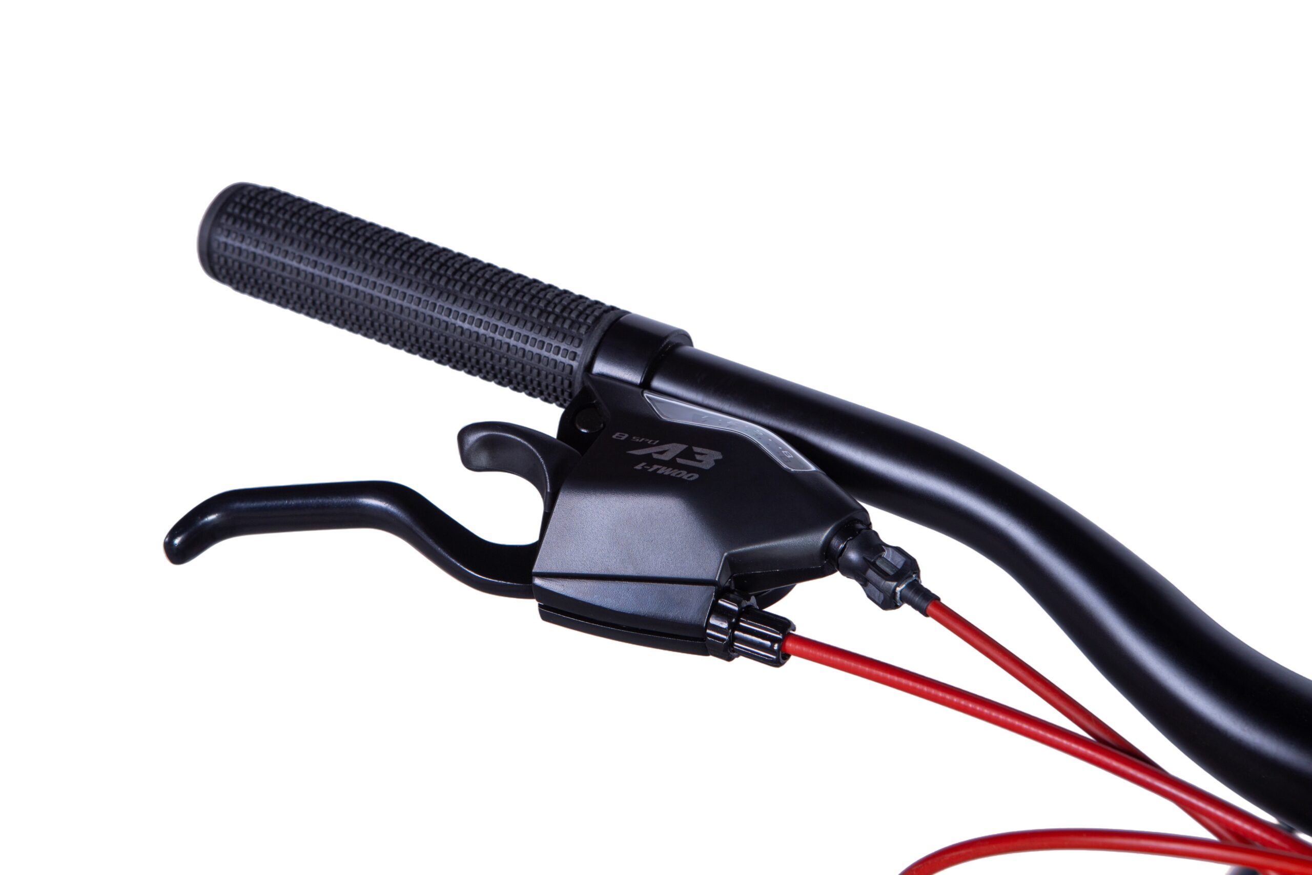 Kerékpár fékkar fekete kormányon piros kábellel.