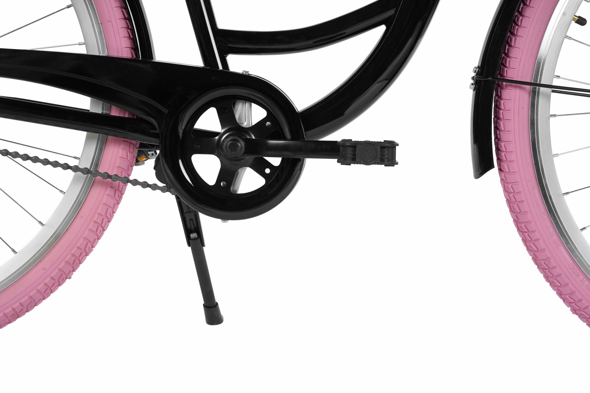 Kerékpár rózsaszín gumival és fekete vázzal.