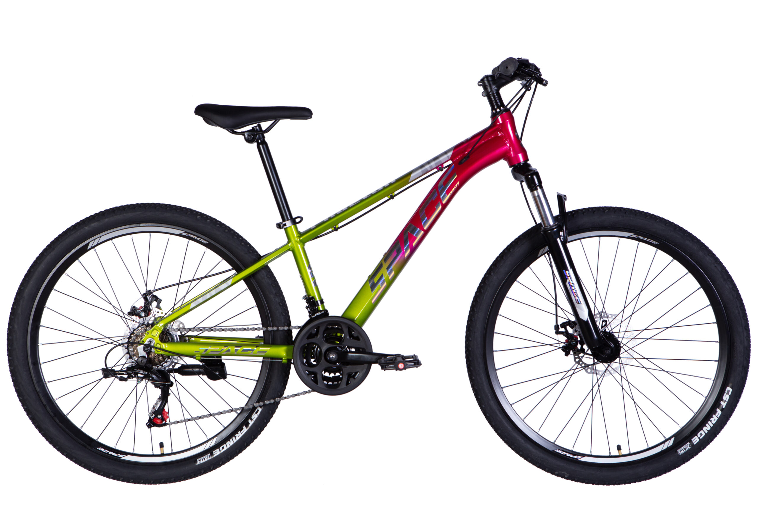 Zöld-piros hegyi kerékpár oldalnézetből