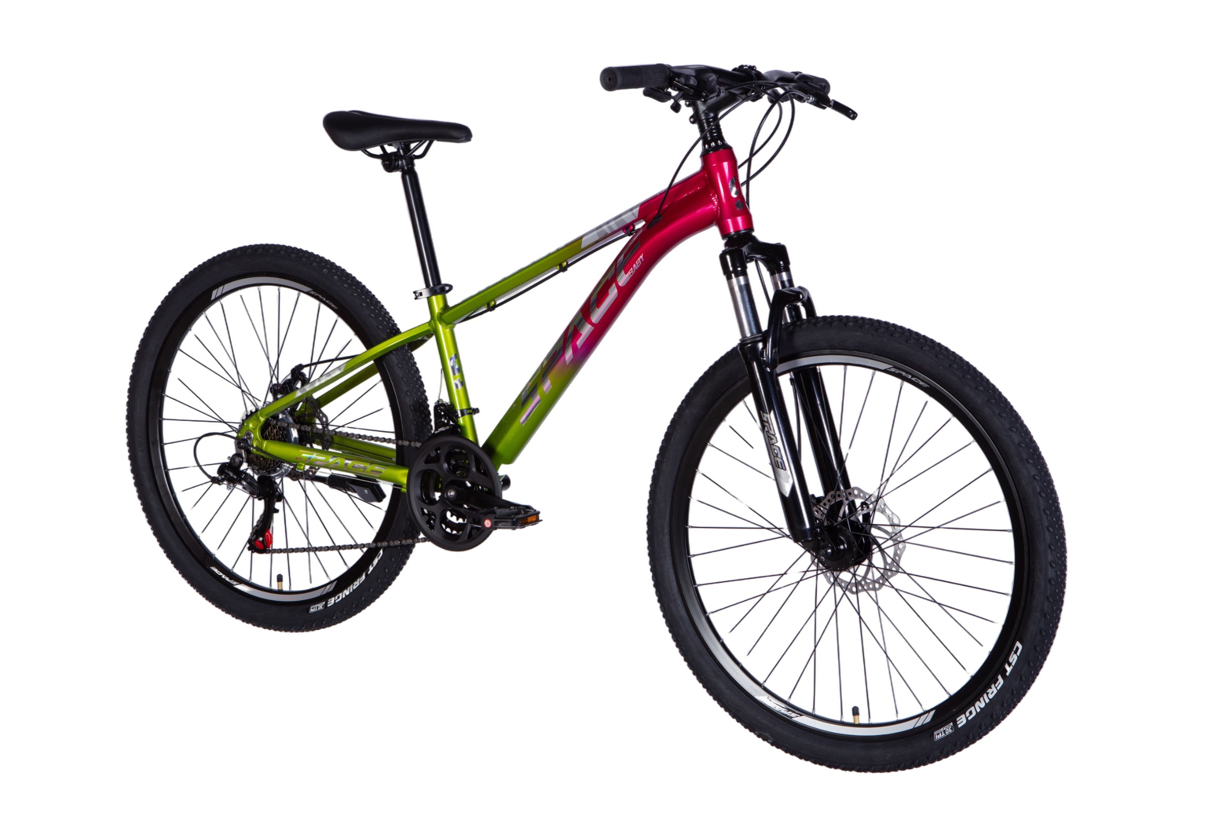 Zöld-piros hegyikerékpár fehér háttér előtt.