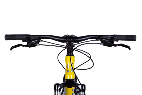 Sárga kerékpár kormány Shimano fékekkel.