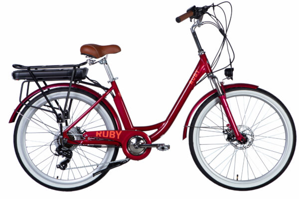 Vörös elektromos kerékpár oldalsó nézetben.