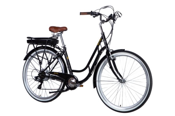 Fekete retro kerékpár barna üléssel és kormányfogantyúval