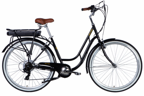 Fekete retro kerékpár barna üléssel és kormánnyal.