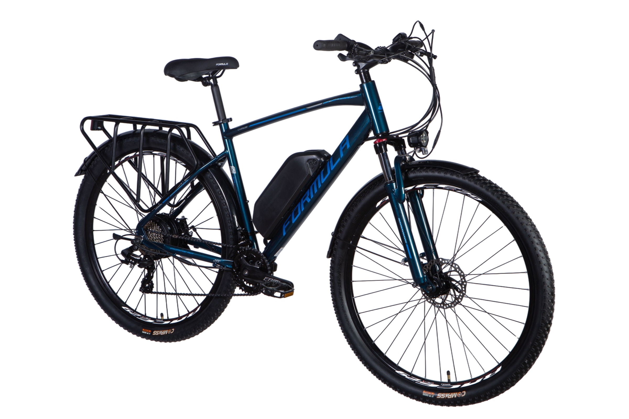 Kék elektromos kerékpár hátsó csomagtartóval.