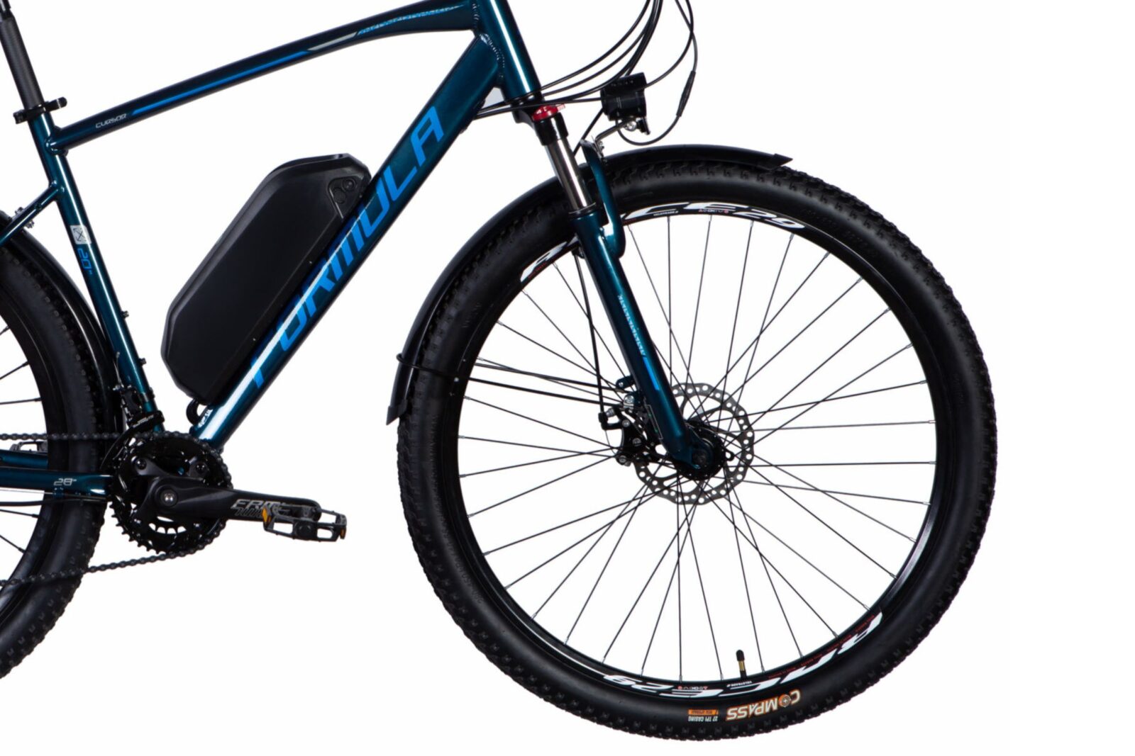 Kék elektromos kerékpár első kerékkel és motorral.