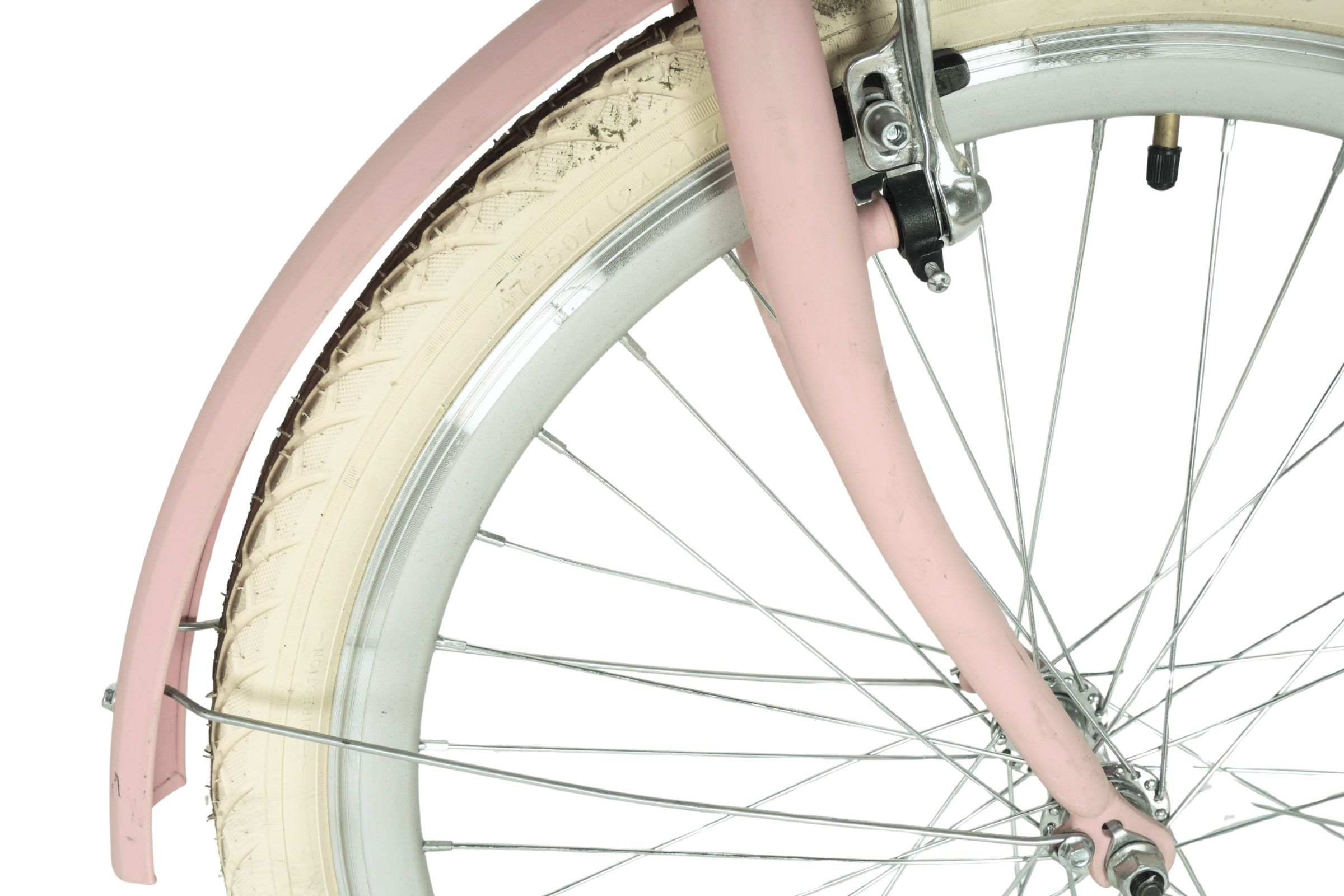 Rózsaszín kerékpár első kerekének részlete