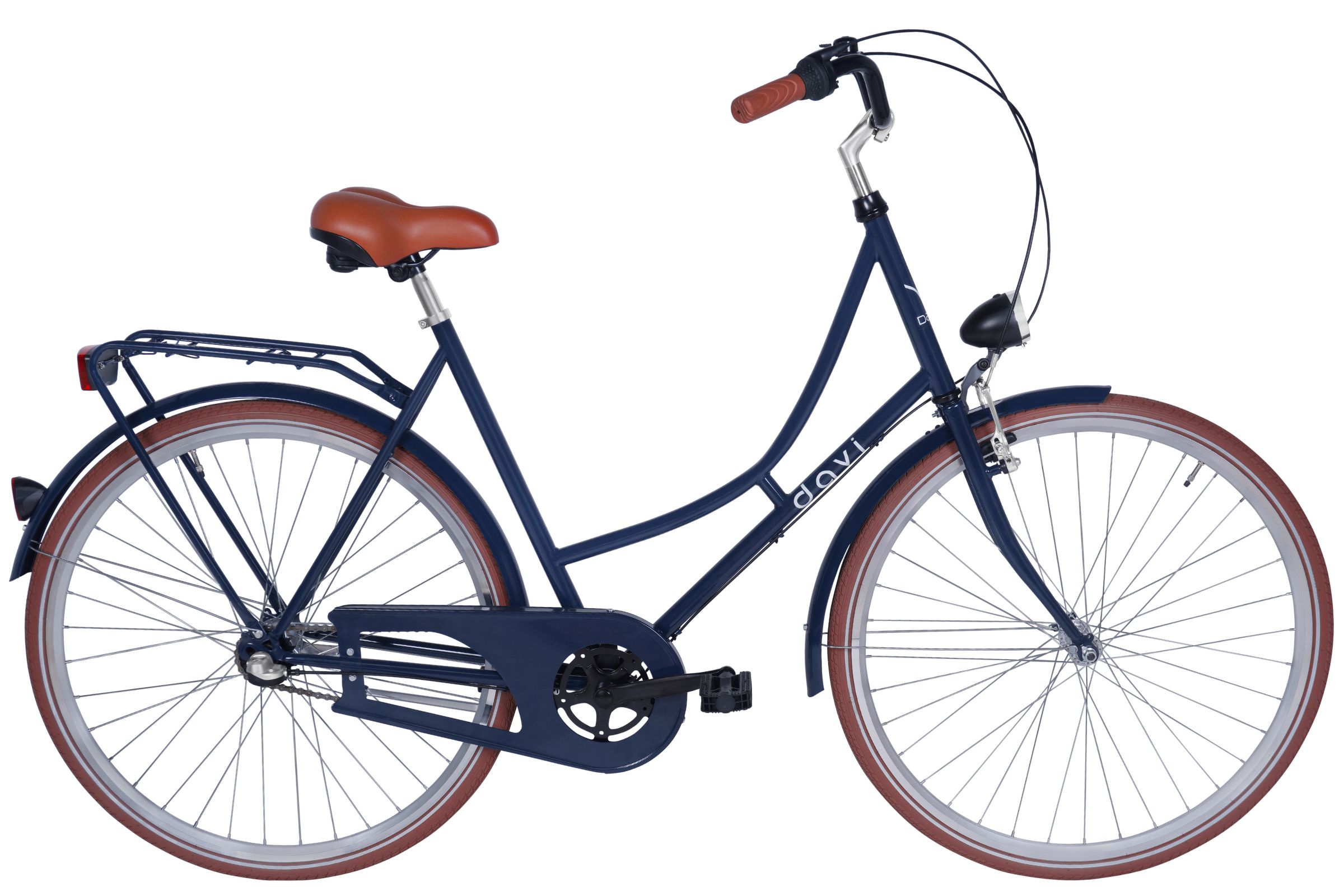 Női városi kerékpár barna nyereggel.