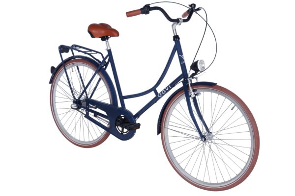 Kék városi kerékpár barna üléssel és kormánnyal.