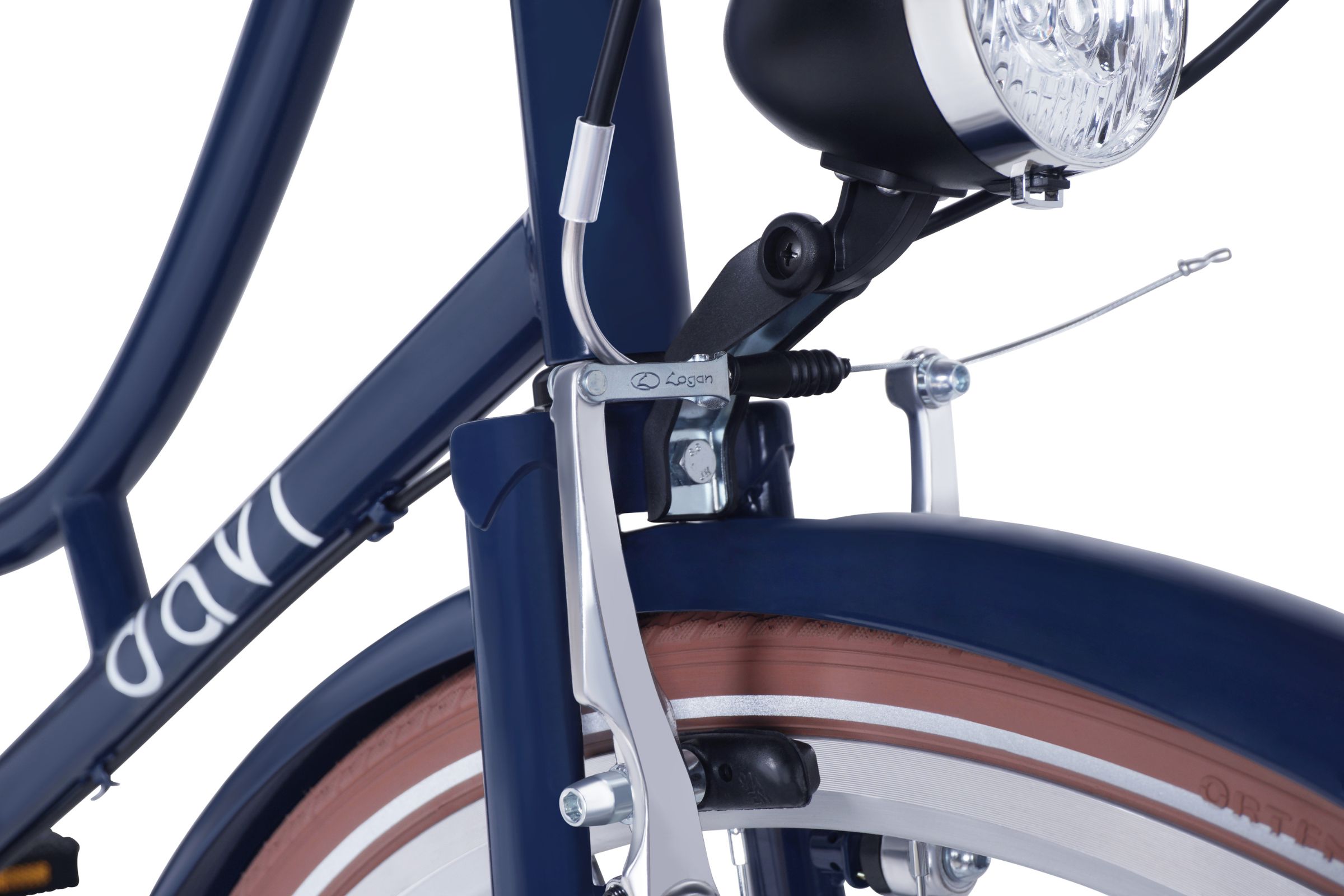 Kék kerékpár első fékje és fényszórója közelről