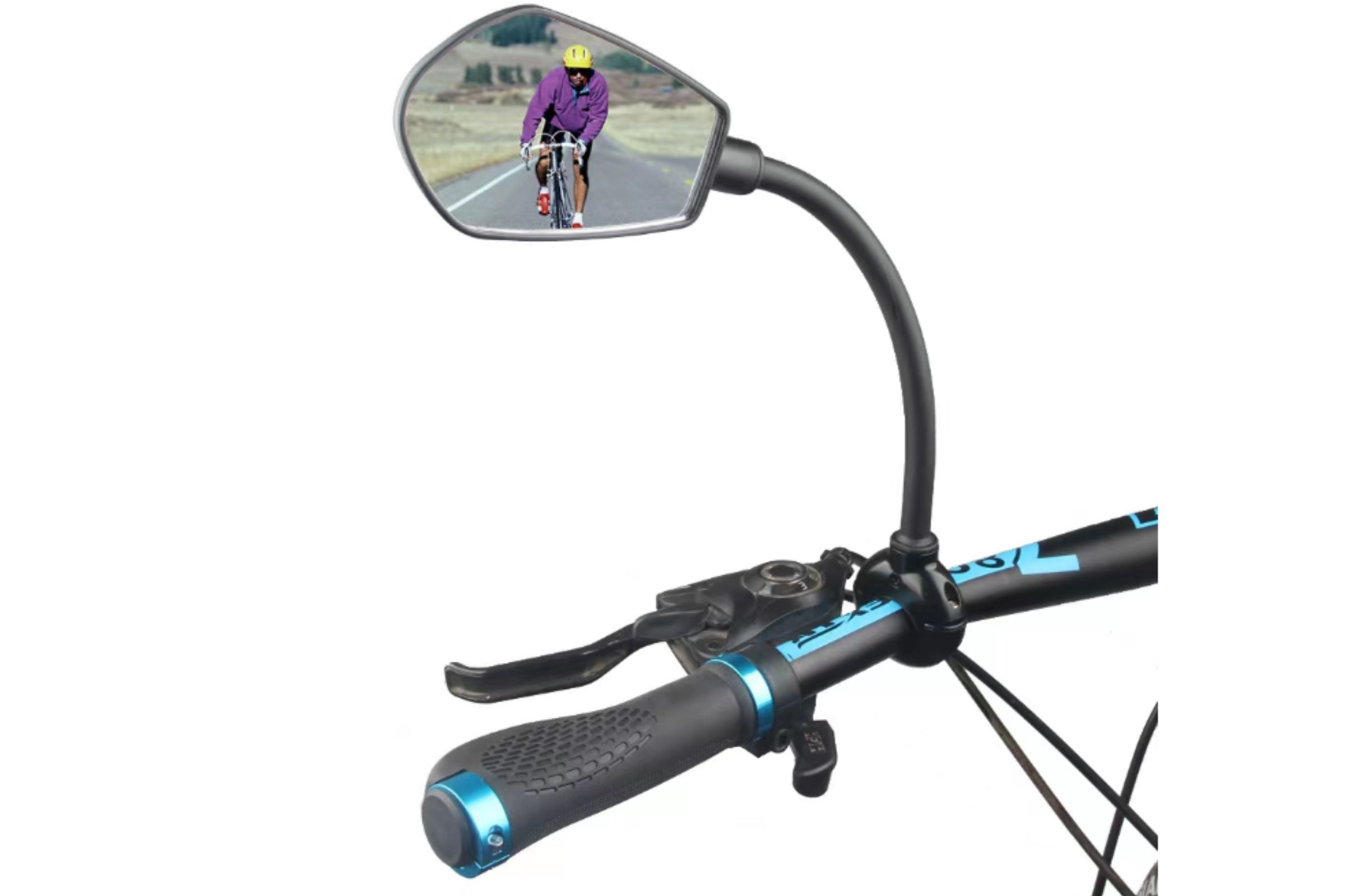 Bicikli tükör, az úton bicikliző ember látszik.