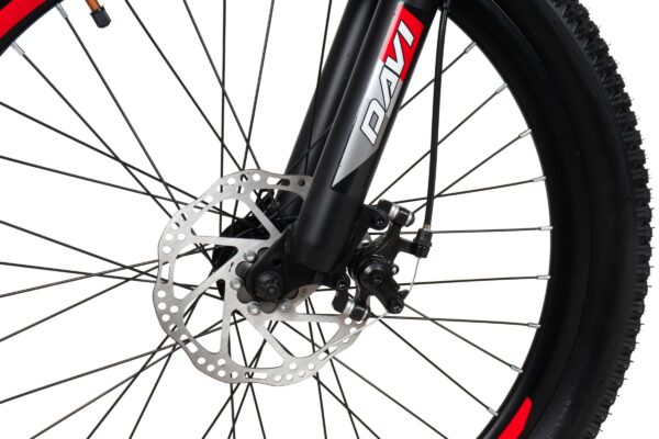 Mountain bike front wheel and disc brake detail